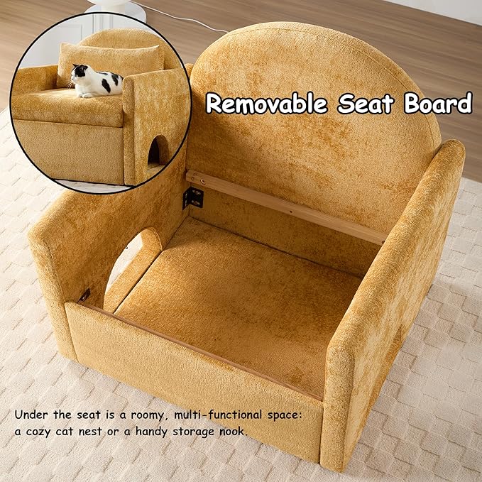 Single Sofa ChairModern Chenille ArmchairLounge Chair with Cat DedYellow Chairs for Living Room BedroomRemovable Washable Covers