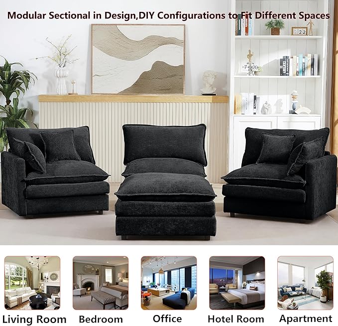 102 L-Shaped Sofa for Living RoomModular Sectional Cloud Sofa Couch with OttomanModern Chenille 3 Seater Sofas with Deep SeatSmall L Shaped Couches for Bedroom (Black 102)