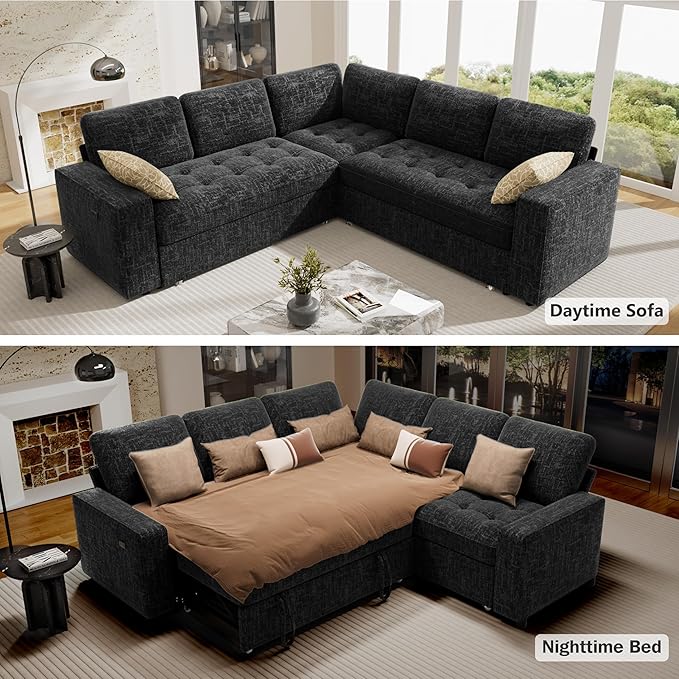 Vipbear Modular Sectional Sleeper Sofa Bed with Pull Out Bed/Reclining Backrest/USB Ports 5 Seat L Shaped Sectional Sleeper Couch Tool-Free Assembly Chenille Black
