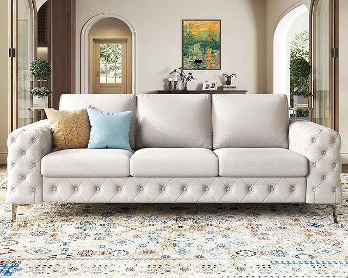 VanAcc Modern Sofa 92 inch 3 Seater Sofa with Stylish Thick Armrest Upholstered Button Tufted Couch for Living Room Apartment Linen Beige Oversized Couch
