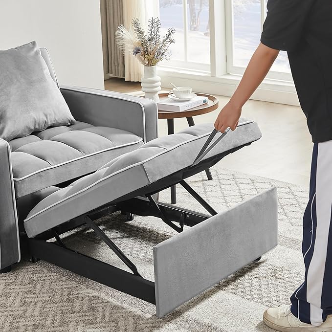 3-in-1 Futon Couch Sofa Bed Chair Convertible Sleeper Sofa with Pull-Out Bed Folding Sofa Bed with Reclining Backrest and Side Pocket Sofa Recliner Single Bed Adult Modern Chair Bed Berth (Grey)