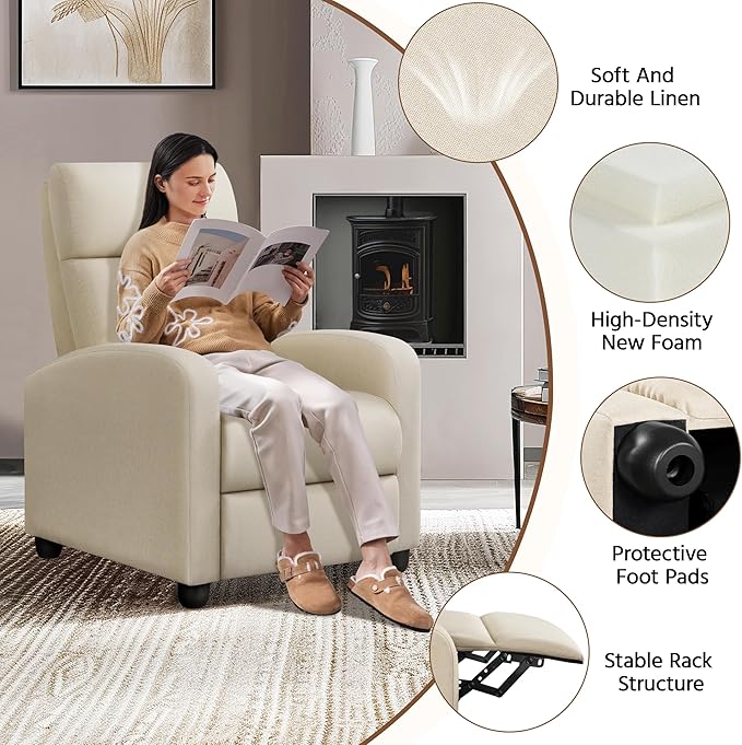 Yaheetech Modern Fabric Recliner Chair Sofa Adjustable Single Sofa with Thicker Seat Cushion and Backrest for Living Room Home Theater Beige