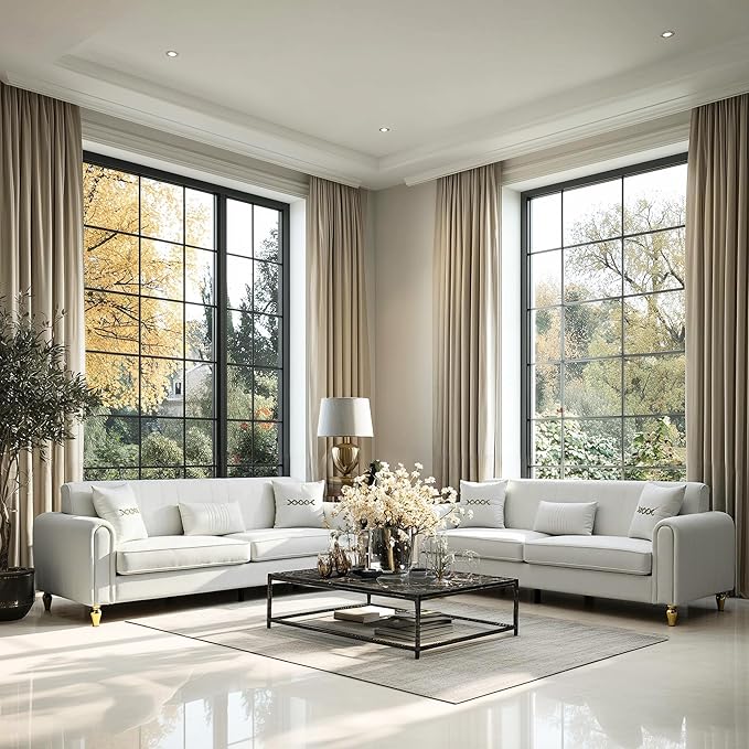 87.5 Modern 3-Seater Velvet Couch with Metal Legs &amp Decorative Pillows High Resilience Sponge Spring Seat Luxury Sectional Loveseat Sofa for Living Room Apartment Small Space Beige