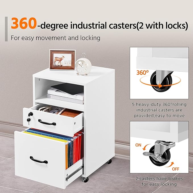 Topeakmart File Cabinet 2-Drawer and 1-Open-Shelf Rolling Filing Storage Printer Stand with Wheels Lock for A4/ Legal/Letter 16″ L×16″ W × 26″ H White