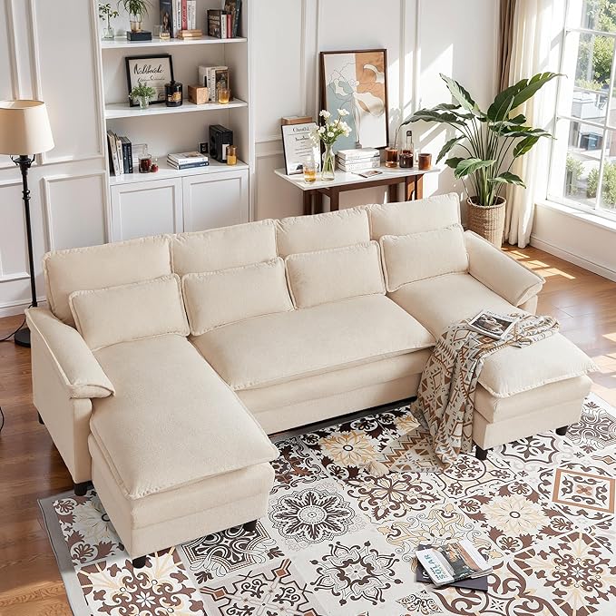 Comfy Cloud Couch Sectional Sofa with Lumbar Pillows 105 Modern U-Shaped Cloud Sofa with Double Chaise &amp Deep Seat Sectional Couches for Living Room Office Easy Assembly Beige