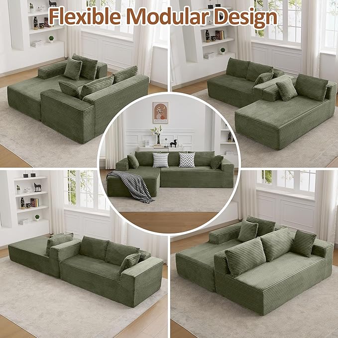 110 Boneless Sectional Couch with Chaise Lounge Cloud Couch Compressed Sofa L Shape No Assembly Memory Foam Sofa for Living Room Green Corduroy