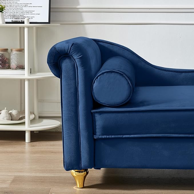 Chaise Lounge IndoorVelvet Lounge Chair with Hidden Storage &amp PillowModern Upholstered Corner Lounge Chair Sofa Bed with Solid Wood Frame for Sleeping Living Room Bedroom Office(Navy Blue)