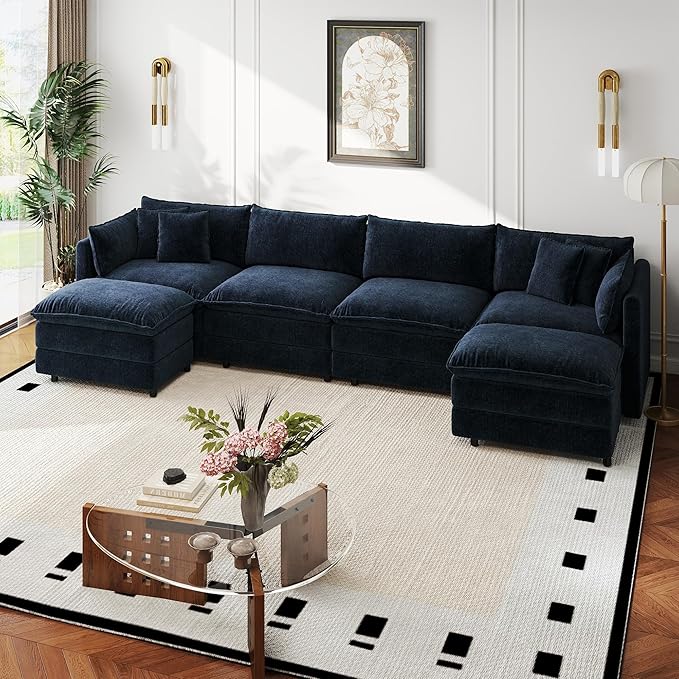 Aoowow Modular Sectional Sofa Modern Convertible U Shaped Couch147.2 Inch Deep 4-Seater Sofas Set Comfy Chenille Cloud Sofas and Couches with Movable Ottoman for Living Room Apartment（Blue）