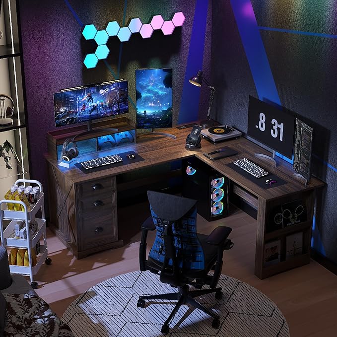 Executive L Shaped Desk with Monitor Stand 59 inch Farmhouse Corner Computer Desk with Power Outlets &amp LED Lights Home Office Desk with File Cabinet for Working Gaming Writing Dark Walnut