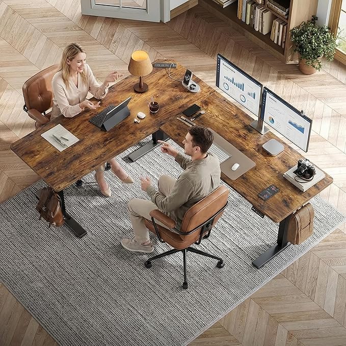 Grandder L Shaped Standing Desk Adjustable Height Electric Standing Corner Desk 63 Inch Sit Stand Computer Table with Splice Board Rustic Brown