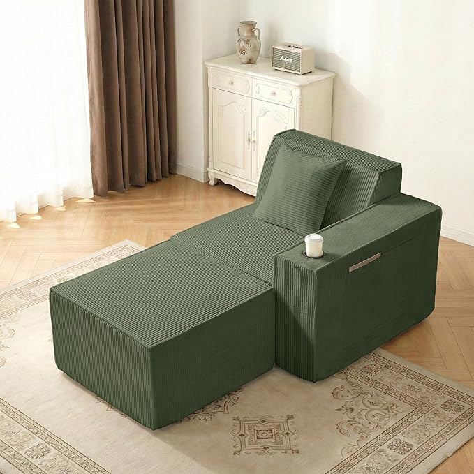 Cloud Modular Sectional CouchBoneless Corduroy Sofa for Living RoomU Shaped Sofa with OttomanDeep SeatNo Assembly Required (Green Right-arm Seat + Ottoman)