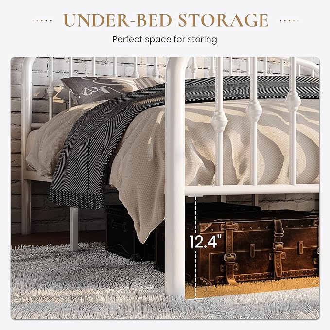 SHA CERLIN King Size Metal Platform Bed Frame with Victorian Style Wrought Iron-Art Headboard/Footboard No Box Spring Required White