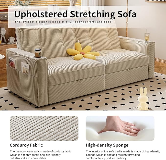 73.2 inch 2-in-1 Convertible Sofa Bed with Cup Holder | Space-Saving Sleeper for Small Apartments Dorms &amp Offices | Guest Ready in Seconds (White+Corduroy)