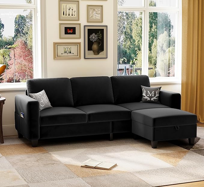 78 Sectional Sofa Couches for Living Room Black Convertible L Shaped Couch with Storage Ottoman Deep Seat Pet-Friendly Velvet Fabric Sofa Set for Small Space Apartment Dorm