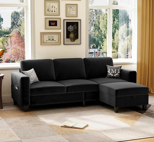 78 Sectional Sofa Couches for Living Room Black Convertible L Shaped Couch with Storage Ottoman Deep Seat Pet-Friendly Velvet Fabric Sofa Set for Small Space Apartment Dorm
