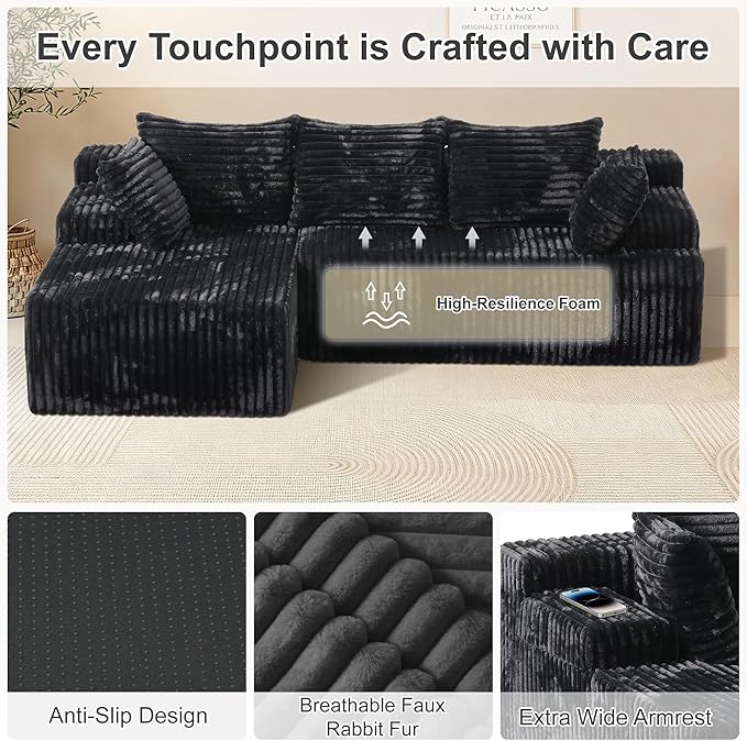 Redlife 95 L-Shaped Modular Sectional Sofa Faux Rabbit Fur Modular Floor Couch with Chaise High-Density 30D Foam Sponge No Assembly Required 5 Pillows Compressed for Living Room (Black)