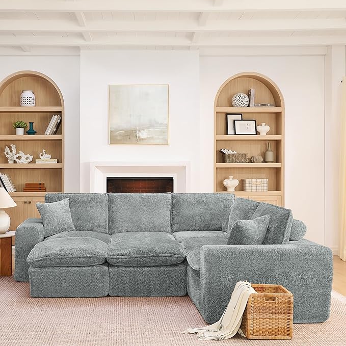 L-Shaped Boneless Modular Sectional Cloud Couches 7 Seat Modular Boucle Floor Foam Boneless Sofa Couch with Ottomans Headrest Pillows and Removable Cushions