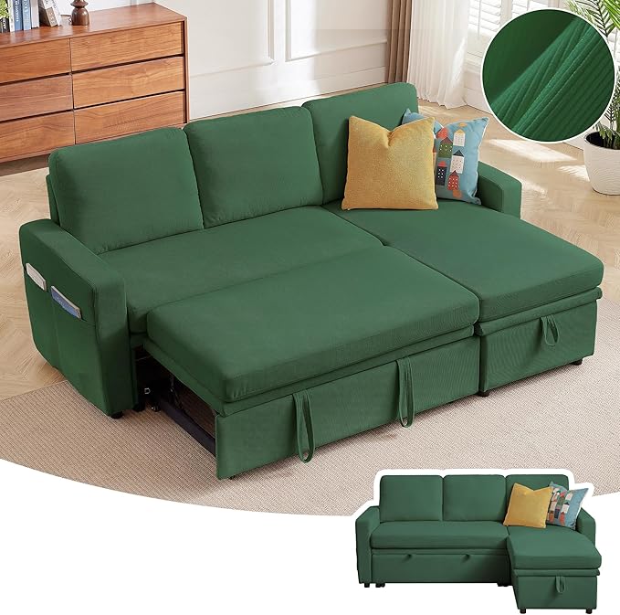 Pull Out Sleeper Sofa Bed 2 in 1 Pull Out Comfy Corduroy Couch with Storage &amp Side Pocket Convertible L Shaped Couch Bed for Living Room Apartment Green