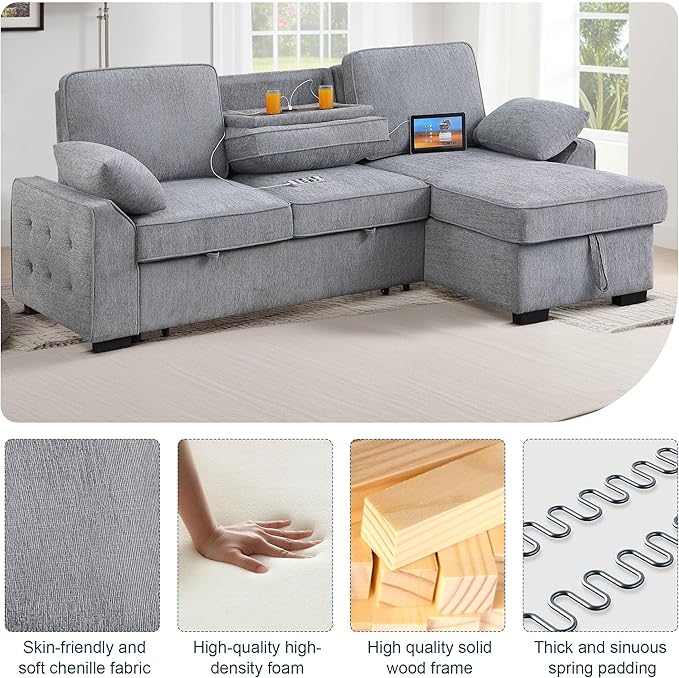 ERYE L-Shaped Pull Out Sleeper Couch Bed Modern Chenille Upholstered Button Tufted Corner Couch Reversible Sectional Sleeper Sofa Bed W/Storage Chaise Cup Holders