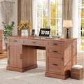 Whalefall 55'' Farmhouse Desk Home Office with Drawers Executive Computer Desk Wooden with File Cabinet and Charging Station Cherry Brown