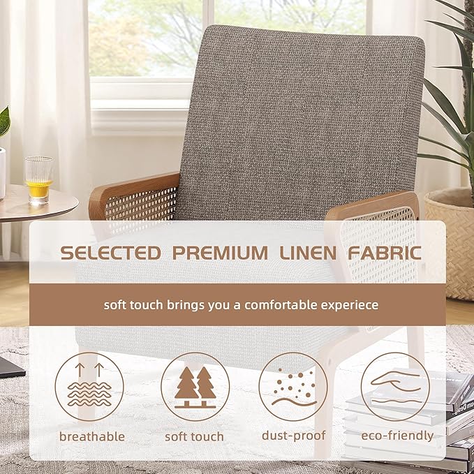 Alunaune Upholstered Natural Rattan Living Room Chairs Accent Chair Armchair Set of 2 Modern Fabric Slipper Club Chair Guest Reception Couch Comfy Single Sofa for Reading Bedroom-Taupe