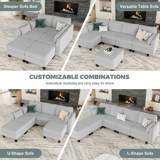 Modular Sectional Sofa Comfy Cloud Couch Sectionals Convertible Modular Couch with High Density Memory Foam 6 Seat U Shaped Sectional Couches for Living Room Washable Cover Light Grey | Comfortab