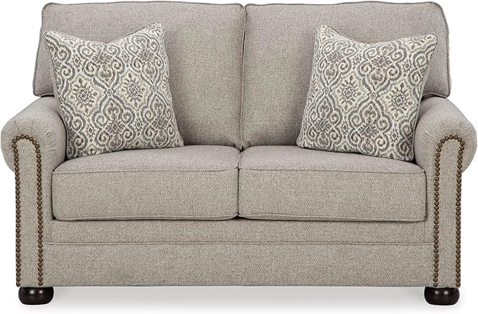 Signature Design by Ashley Gaelon Transitional Loveseat with Nailheads and 2 Accent Pillows Beige