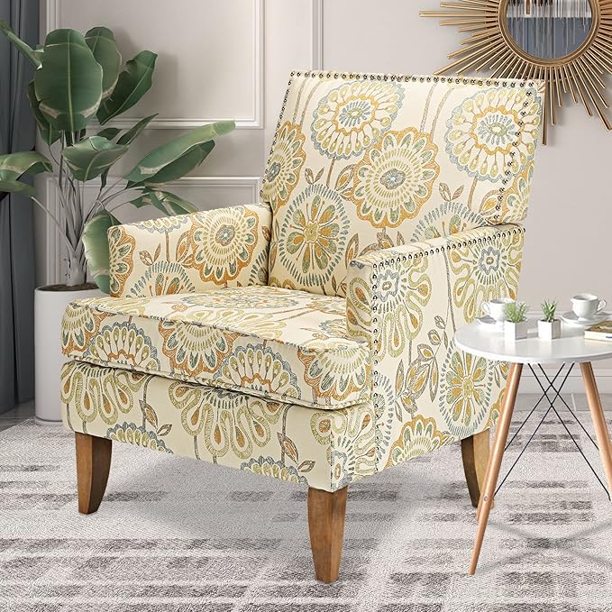 Floral Accent Sofa Chair Wingback Sofa Chair Comfy Club Chair Pattern Single Chair Upholstered Reading Arm Chairs for Living Room Bedroom (Beige Yellow)