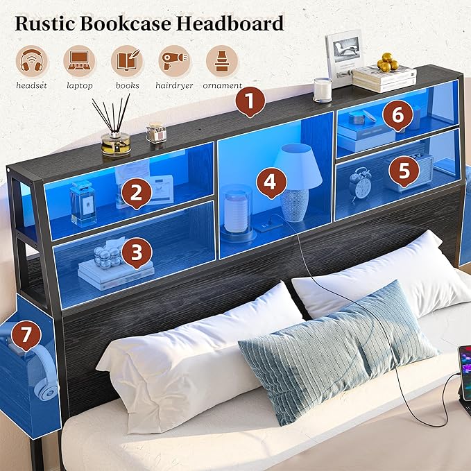Full Size Bed Frame with Storage Full Bed Frame with LED Light and Charging StationBed Frame Full with Headboard for ApartmentGuest RoomBlack