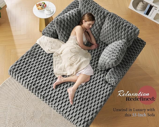 VanAcc 58-Inch Plush Sleeper Chair with Throw Pillows Upholstered Chaise Lounge &amp Sofa Bed with Armrests for Living Room Ash Grey