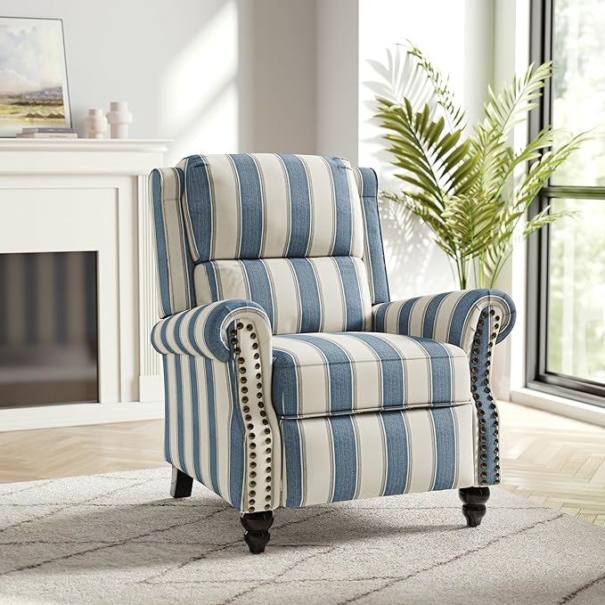 Recliner Chair Modern Pushback Armchair with Adjustable Backrest &amp Footrest for Bedroom Living Room (Navy Blue StripeSet of 1)