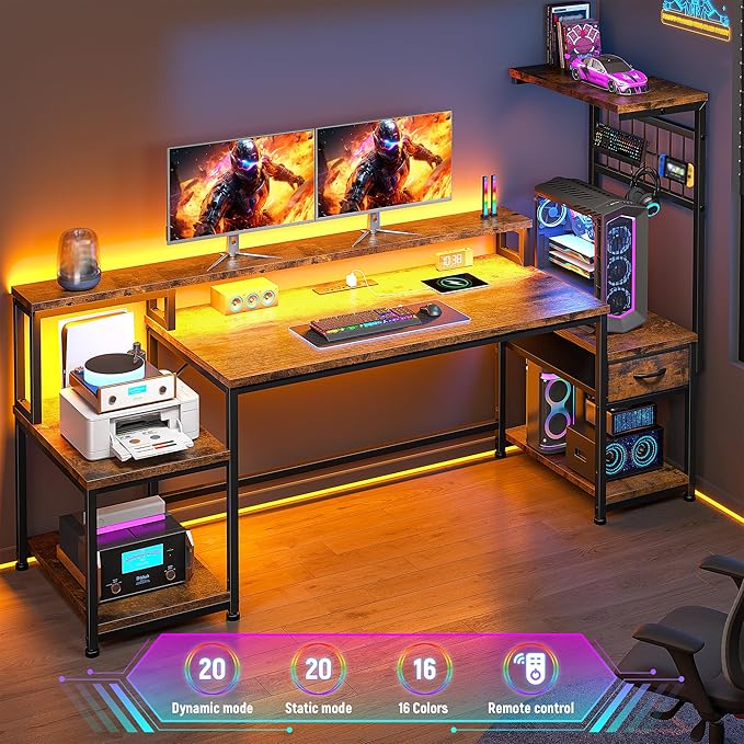 63 Gaming Desk with LED Lights &amp OutletsComputer Desk with Drawers &amp Monitor StandGaming Table with Storage Shelves &amp Printer Space for Game RoomStudy RoomHome OfficeRustic Brown