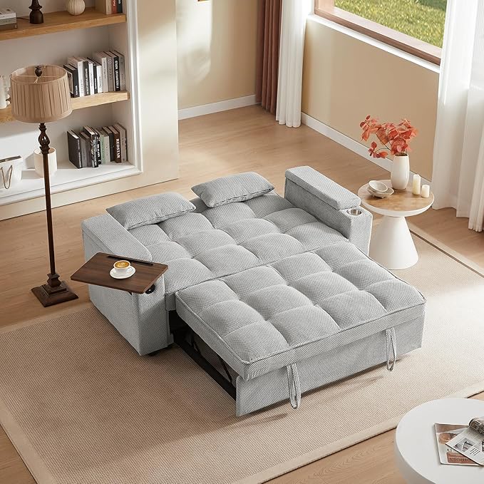 65'' Convertible Sleeper Sofa Bed with Adjustable Backrest Chaise Lounge Side Table &amp USB/Type-C Ports – Stylish &amp Functional Addition to Any Living Room (Fashion Light Grey)