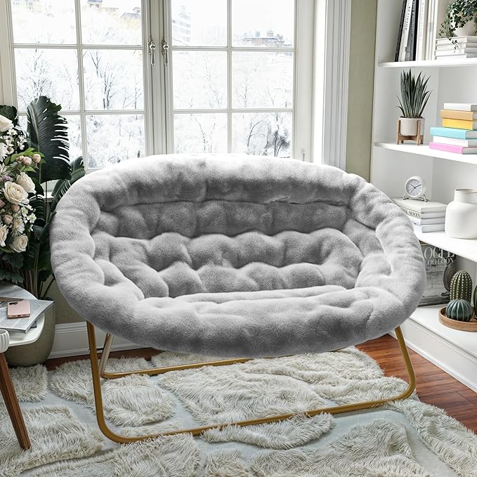 BizChair 56 Portable Folding Double Saucer Chair in Gray Faux Fur with a Soft Gold Steel Frame for Dorm Living Room or Bedroom