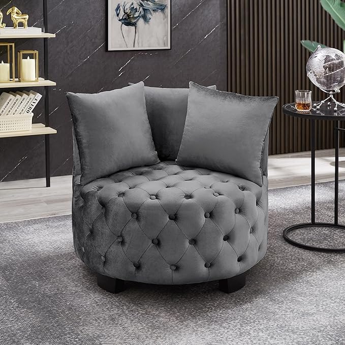 GDFStudio Upholstered Tufted Accent Chair Contemporary Velvet Leisure Chair with Curved Back and Integrated Arms Modern Round Accent Chair for Living Room Dark Gray