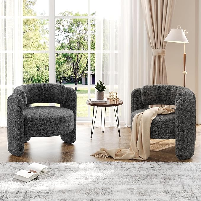 Modern Accent Barrel Chair Sherpa Upholstered Boucle Barrel Club Chair with Curved Backrest Rubberwood Frame Foot Pads Mid Century Single Armchair for Living RoomBedroomWaiting Room(Grey)
