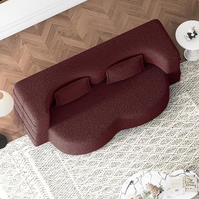 2 in 1 Folding Floor Couch Sofa Bed with 2 Pillows Teddy Fabric Foam-Filled Convertible Sleeper Sofa Full Mattress for Living Room Guestroom No AssemblyBurgundy Required Sofa Bed
