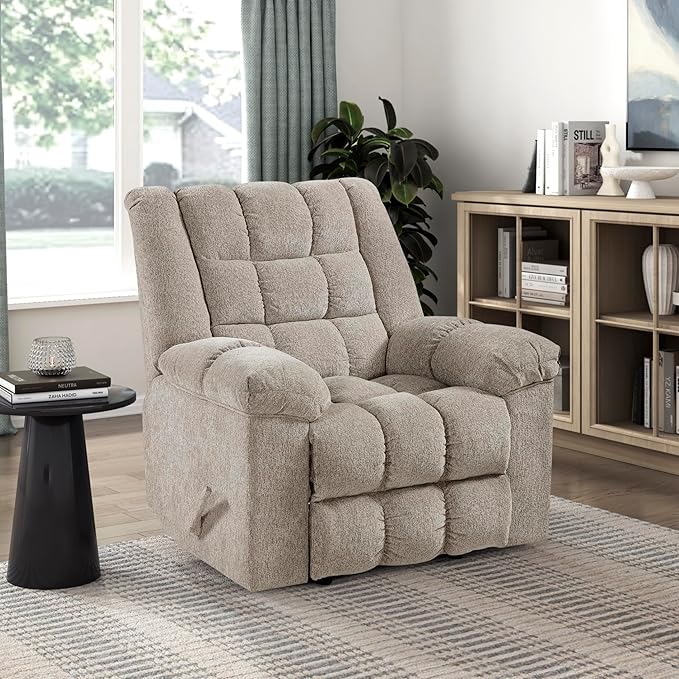 Lexicon Chenille Rocker Reclining Chair for Adults Rocker Pull Handle Recliner Nursery Chair for Living Room/Bedroom High Back Pillow Top Arms High Density Foam Cushions Light Brown