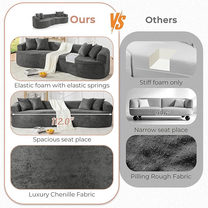 112'' Oversized Curved Modular Sectional Sofa Upholstered Chenille Boneless Couch Comfy Cloud Compression Sofa with Extra Deep &amp Wide Seat for Living Room Apartment Office Dark Gray