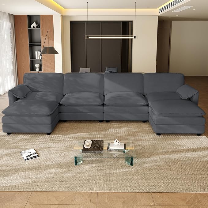 149.2 U Shaped Cloud Couch Sectional for Living Room Modern Modular Deep Seat Sofa with Movable Ottoman Comfy Fluffy Chenille Sectional Sofa Set Grey