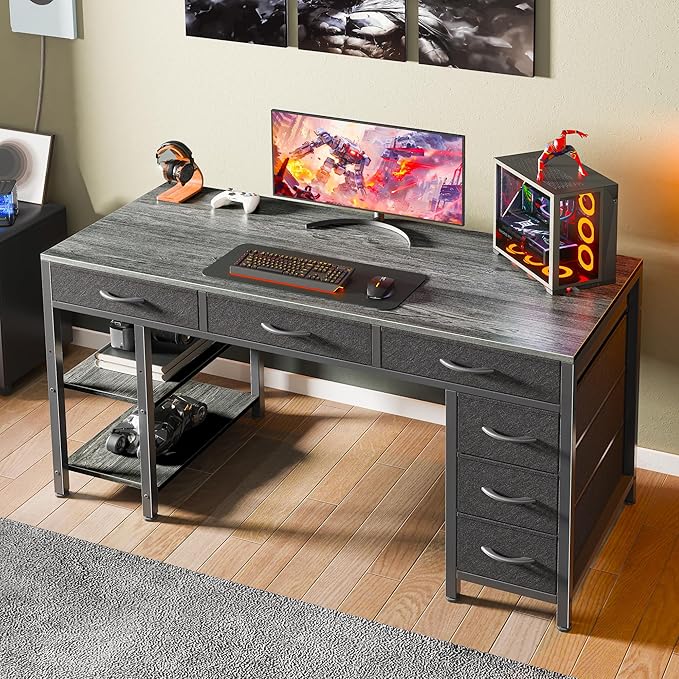 Huuger Computer Desk with 6 Drawers Office Desk with Shelves Reversible Gaming Desk Corner Desk with Storage Work for Home Office Study Living Room 47inch Gray