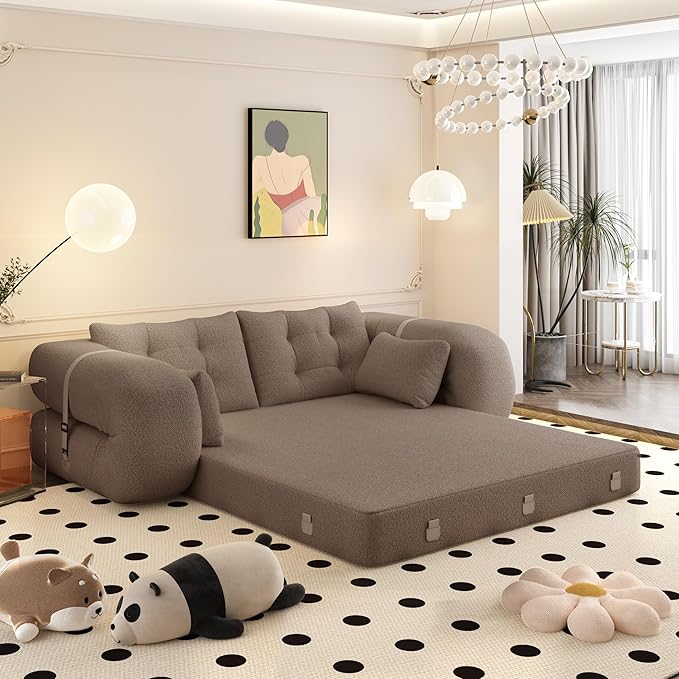 KEIKI 78.7 Human-Sized Dog Bed 3-in-1 Foldable Sleeper Sofa Bed for Adults Convertible Floor Couch &amp Lazy Lounge Sofa Chair Teddy Fabric Foam-Filled Brown