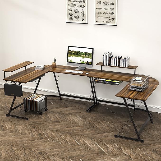 SHW 51 x 51 Inches Vista L-Shaped Desk with Monitor Stand and Drawer Walnut