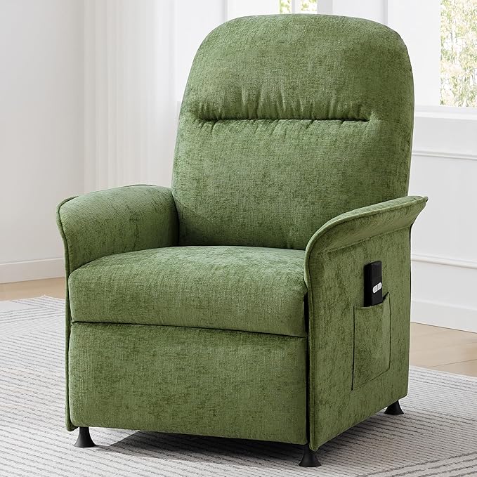Power Recliner Chair for Adults Modern Reclining Single Sofa with Curved Armrest Comfy Ergonomics Electric Recliner with Side Pockets Adjustable Reading Chair for Living Room Bedroom Chenille Green