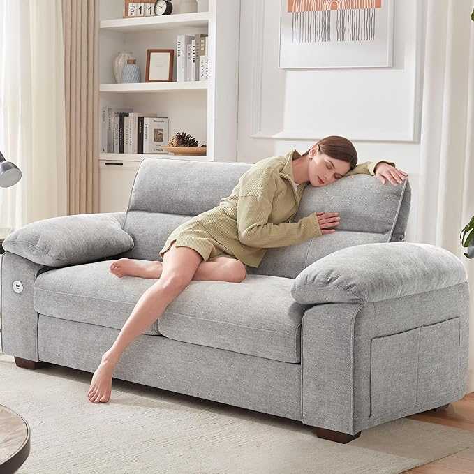 Ihanherry 71.5 Inch Loveseat Pillow-Armrest Sofa with USB/Type-C Charging Port Modern 2-Seats Sofa for Living Room &amp Bedroom Removable Medium Firm Cushion Breathable Chenille Fabric Grey
