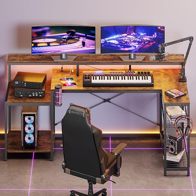 Bestier 71.5 inch Computer Desk with Power Outlets LED Large Home Office Desk with Monitor Stand L Shaped Corner Desk with Printer Stand Adjustable Shelf Cup Holder &amp Headset Hooks Brown