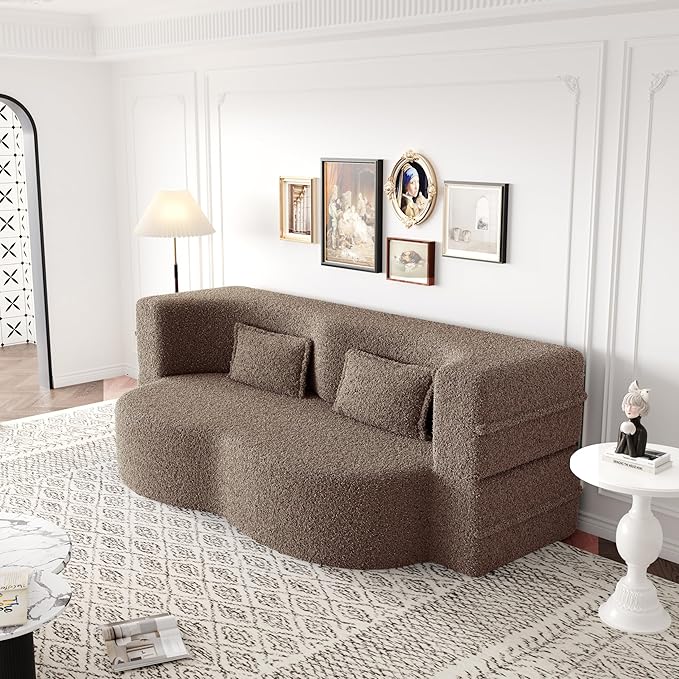 Modern 2-in-1 Convertible Sleeper Sofa Bed Compressed Foam Sofa Curved Loveseat Sofa Bubble Couch Comfy Teddy Sofa Multi-Functional Cloud Couch with Pillows for Living Room Bedroom (Burgundy)