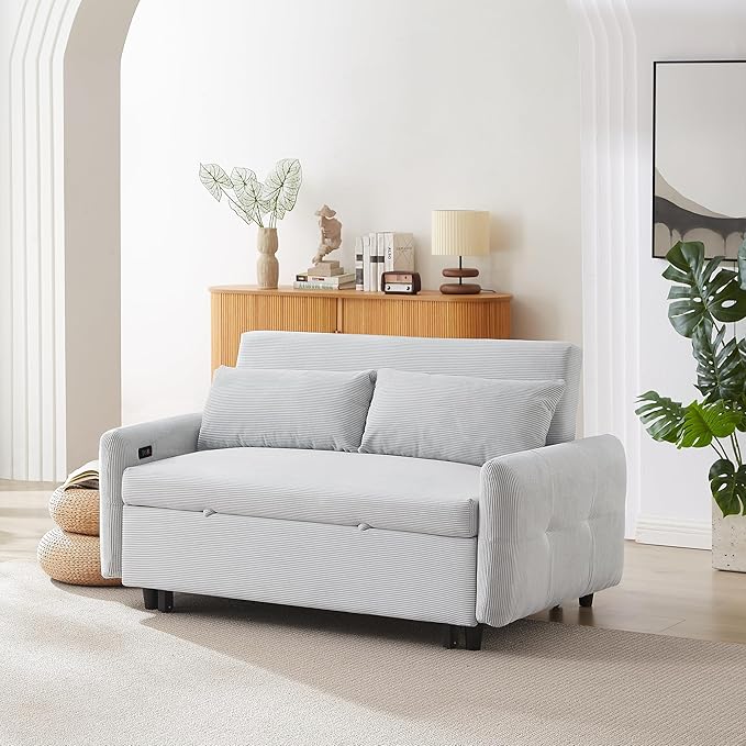 Modern 57.48 Pull-Out Sofa Bed 2 Seater Loveseats Sofa Futon Couch with Adjustable Backrest Convertible Couch Sleeper Sofa with Two Throw Pillows for Living Room (Light BlueCorduroy Fabric)