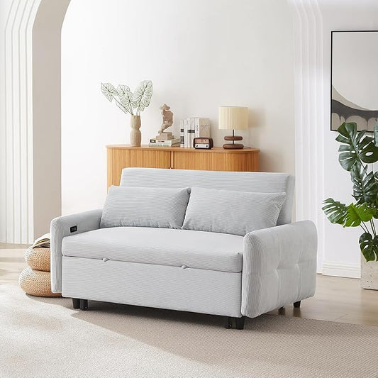 Merax Pull-Out Sofa Bed with Adjustable Backrest and Two Throw Pillows 2 Seat Loveseat Lounge &amp Type C and USB Ports 3 in 1 Convertible Sleeper Couch for Living Room Light Blue