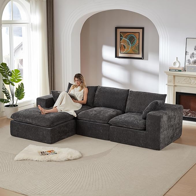Ball &amp Cast 108 Modular Sectional Sofa L Shaped Modular Sectional Couch Deep Seat with Movable Ottoman Upholstered Convertible Comfy 4 Seater Chenille Sofa for Living Room ApartmentDark Grey